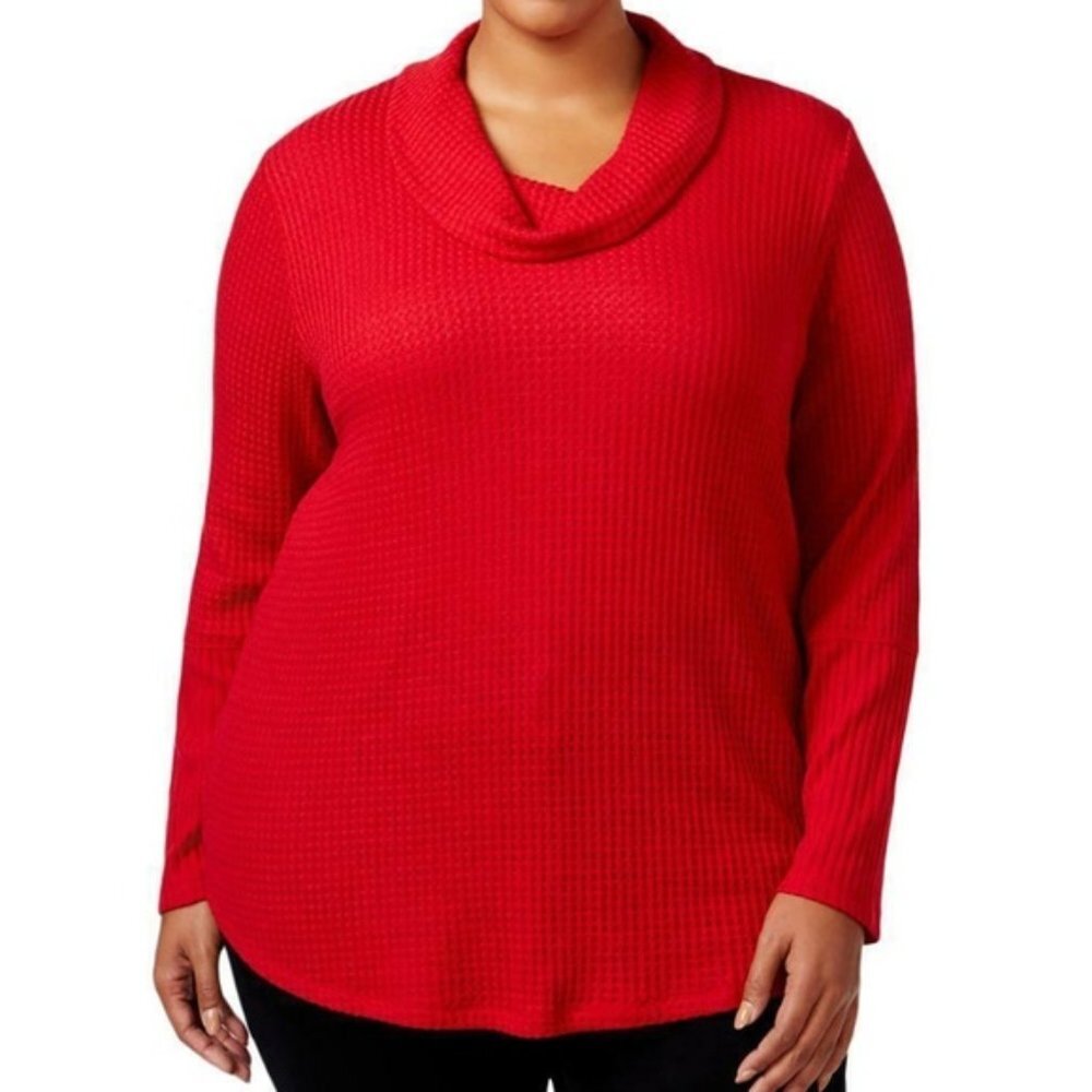Style & Co Plus Red Knit Cowl Neck Casual Top - Waffle 3x